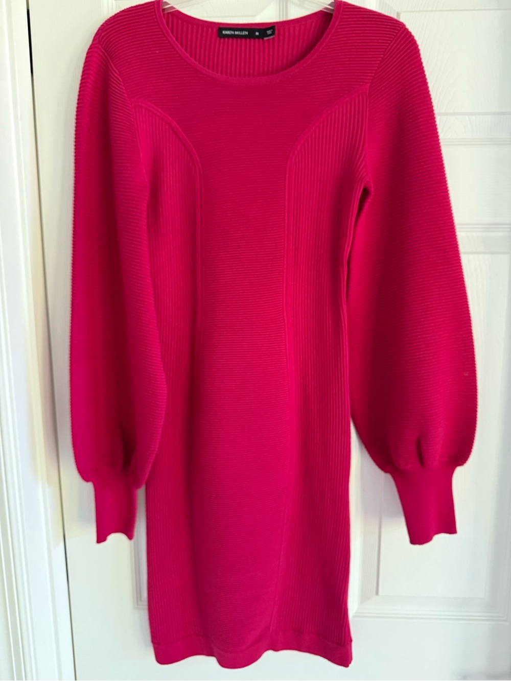 Karen Millen Hot Pink Ribbed Long-Sleeve Sweater Dress